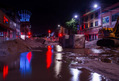 Flooded road construction on Hennepin Avenue in Uptown Minneapolis.