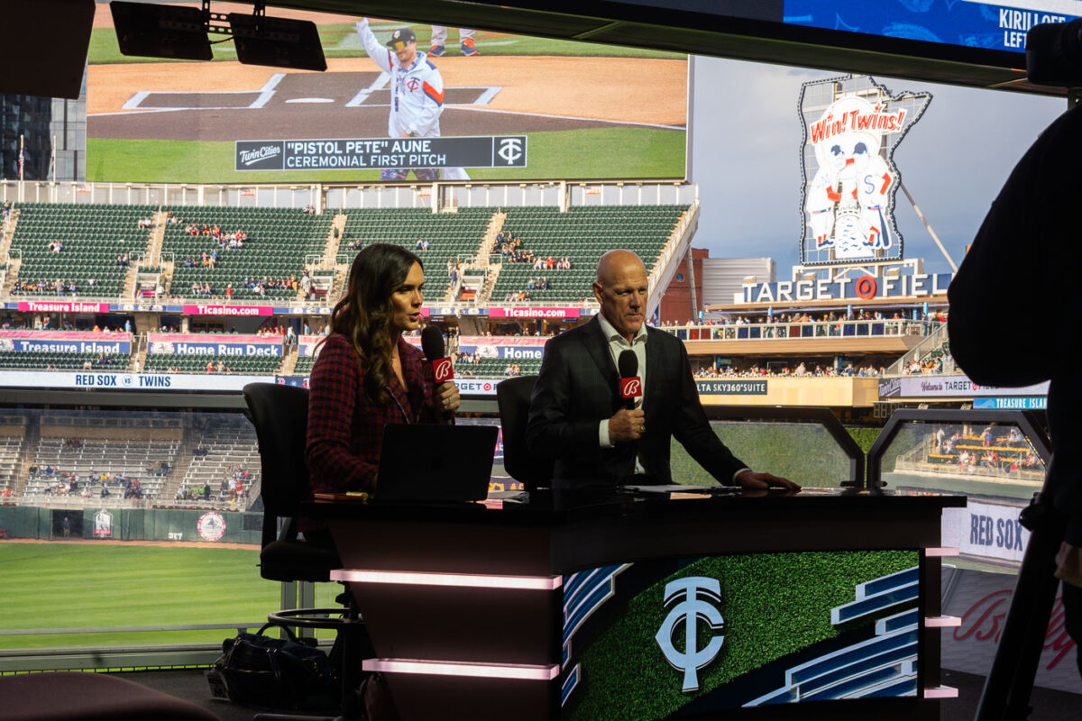 Katie Storm and Tim Laudner at a Minnesota Twins v Boston Red Sox game at Target Field.