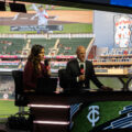 Katie Storm and Tim Laudner at a Minnesota Twins v Boston Red Sox game at Target Field.