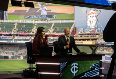 Katie Storm and Tim Laudner at a Minnesota Twins v Boston Red Sox game at Target Field.
