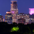 The downtown Minneapolis skyline as seen from the shore of Bde Maka Ska, a Southwest Minneapolis lake.