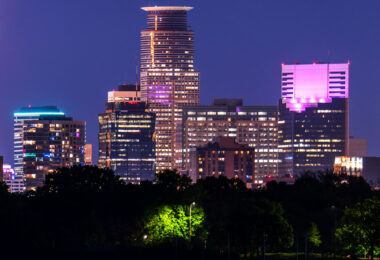 The downtown Minneapolis skyline as seen from the shore of Bde Maka Ska, a Southwest Minneapolis lake.