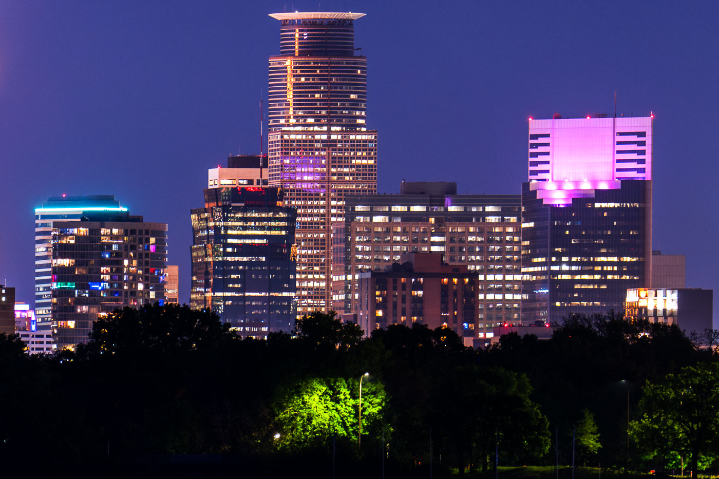 Minneapolis skyline as seen from the shore of Bde Maka Ska