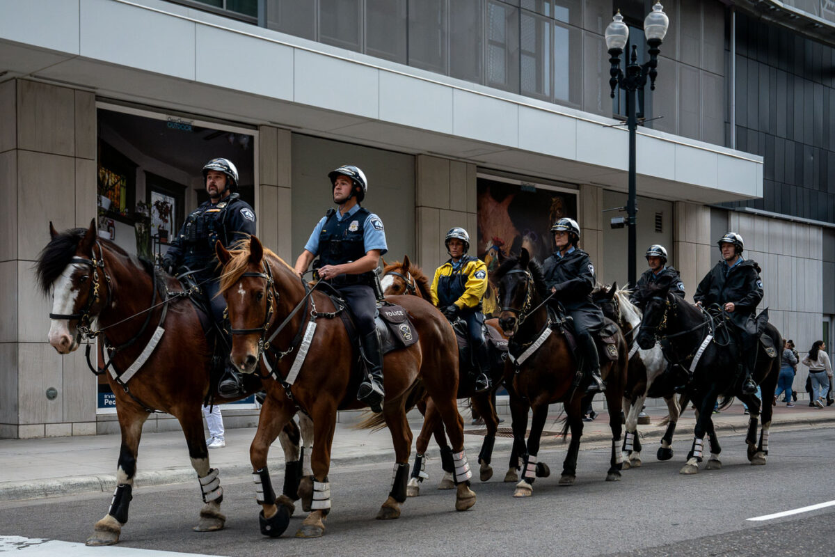 Mounted Patrol in downtown Minneapolis during a Minnesota Timberwolves Western Conference Finals playoff game.
