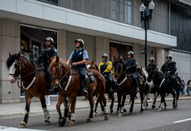 Mounted Patrol in downtown Minneapolis during a Minnesota Timberwolves Western Conference Finals playoff game.