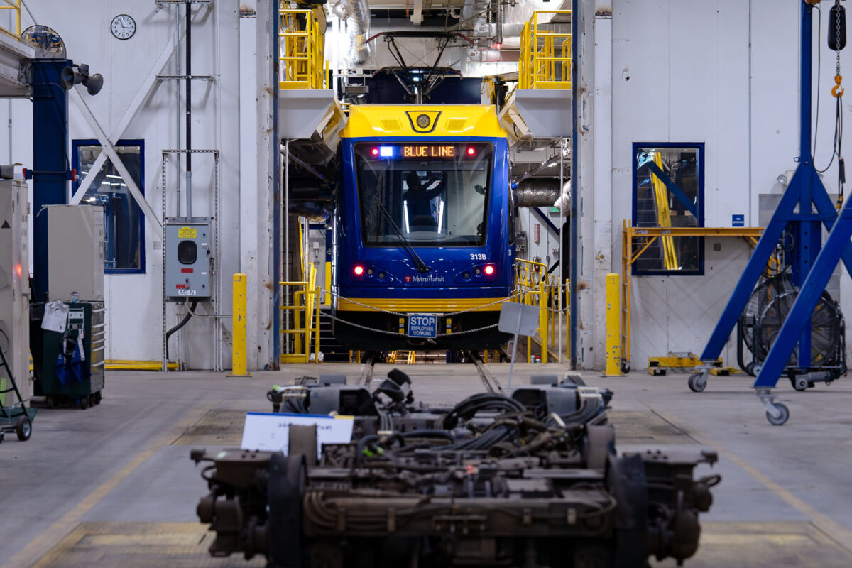 A new Green Line train that's currently running on the Blue Line at the Metro Transit’s Light Rail Support Facility on Franklin Avenue in South Minneapolis. The facility is home the staff and equipment for the Green Line.