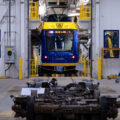 A new Green Line train that's currently running on the Blue Line at the Metro Transit’s Light Rail Support Facility on Franklin Avenue in South Minneapolis. The facility is home the staff and equipment for the Green Line.