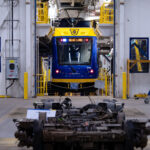 A new Green Line train that's currently running on the Blue Line at the Metro Transit’s Light Rail Support Facility on Franklin Avenue in South Minneapolis. The facility is home the staff and equipment for the Green Line.