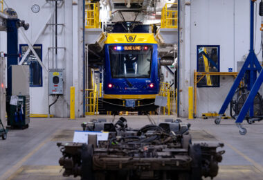 A new Green Line train that's currently running on the Blue Line at the Metro Transit’s Light Rail Support Facility on Franklin Avenue in South Minneapolis. The facility is home the staff and equipment for the Green Line.