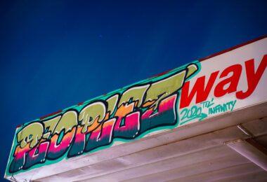 The Northern Lights seen over the People's Way awning at George Floyd Square.