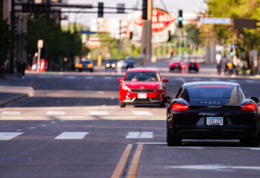 A Porsche Cayman on Hennepin Avenue in Downtown Minneapolis in May 2024.