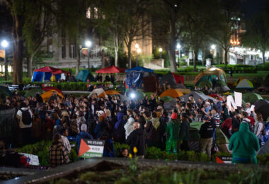 The anti-war protest encampment at the University of Minnesota in Minneapolis on May 1st, 2024. At the same time, some protesters were continuing to talk with school officials regarding their demands. Shortly after 10pm the school sent out a message that an initial agreement had been reached. Tents were removed on May 2nd.

This is the second encampment at the university following the police clearing and arresting 9 protesters last week. Among the protesters demands are that the school “divest from all companies complicit in war crimes and human rights violations.