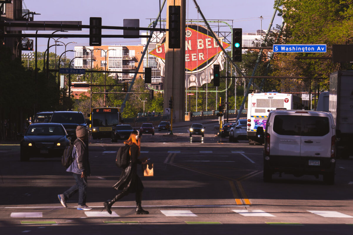 Walking across Hennepin Avenue in Downtown Minneapolis.