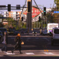 Walking across Hennepin Avenue in Downtown Minneapolis.
