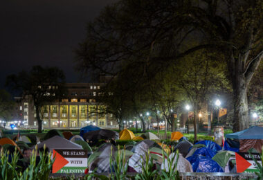 The anti-war protest encampment at the University of Minnesota in Minneapolis on May 1st, 2024. At the same time, some protesters were continuing to talk with school officials regarding their demands. Shortly after 10pm the school sent out a message that an initial agreement had been reached. Tents were removed on May 2nd.

This is the second encampment at the university following the police clearing and arresting 9 protesters last week. Among the protesters demands are that the school “divest from all companies complicit in war crimes and human rights violations.
