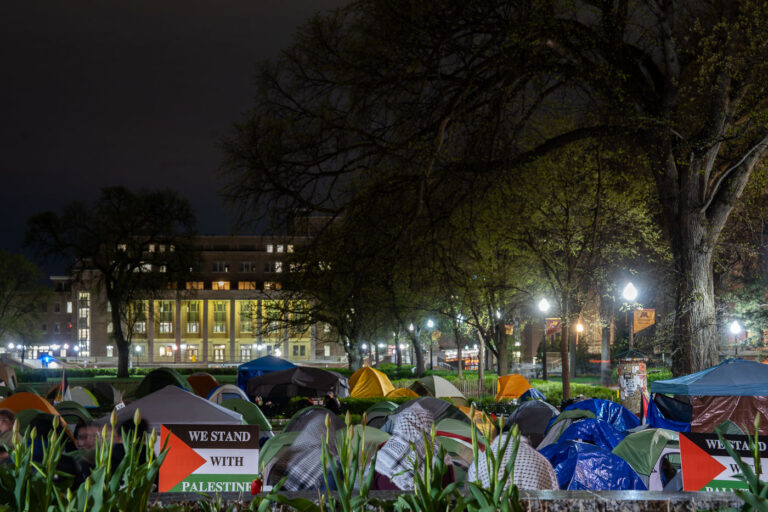 Tents at protest encampment in Minnesota 4 The anti-war protest encampment at the University of Minnesota in Minneapolis on May 1st, 2024. At the same time, some protesters were continuing to talk with school officials regarding their demands. Shortly after 10pm the school sent out a message that an initial agreement had been reached. Tents were removed on May 2nd.This is the second encampment at the university following the police clearing and arresting 9 protesters last week. Among the protesters demands are that the school “divest from all companies complicit in war crimes and human rights violations.