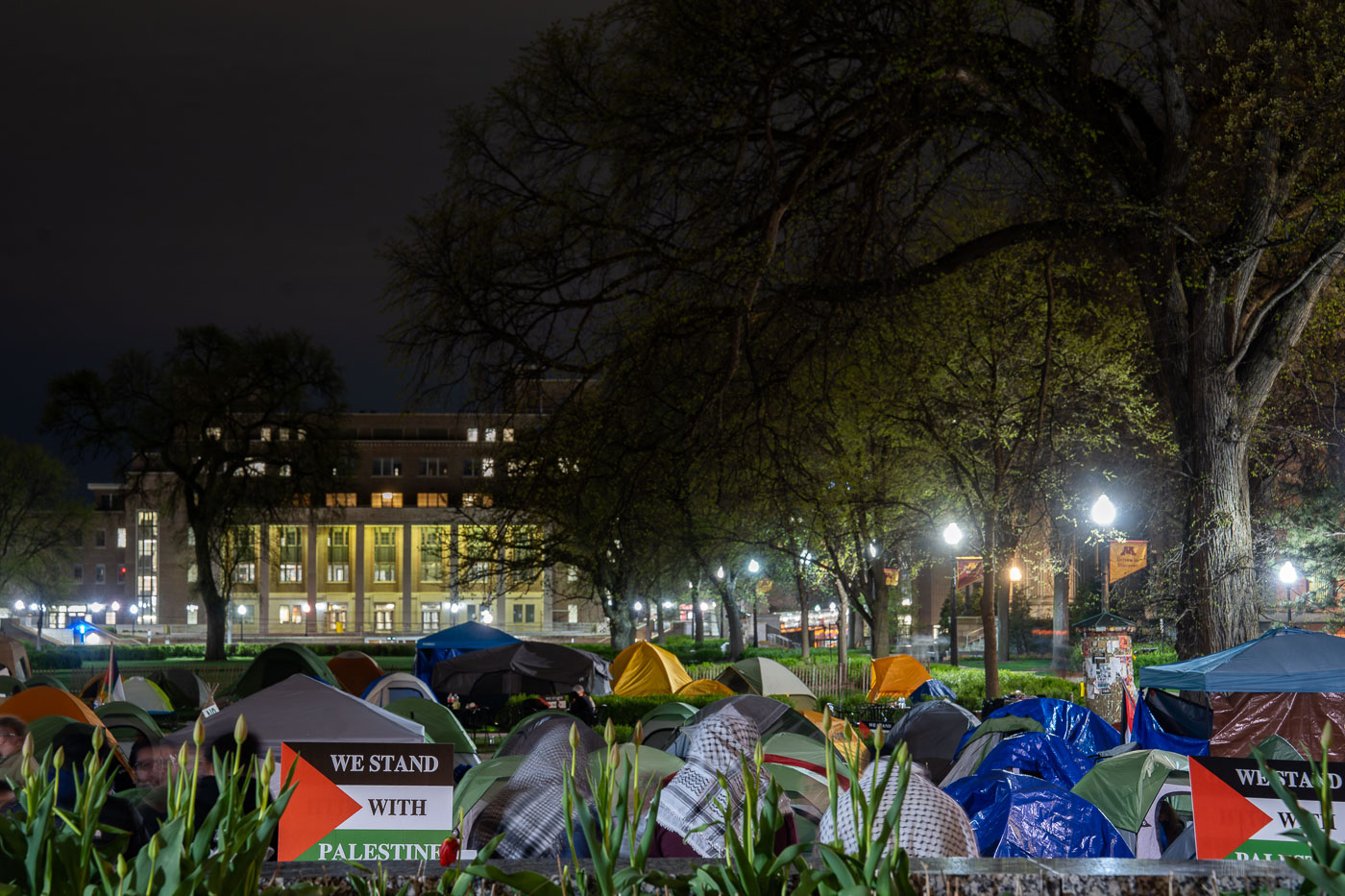 We stand with palestine sign at encampment