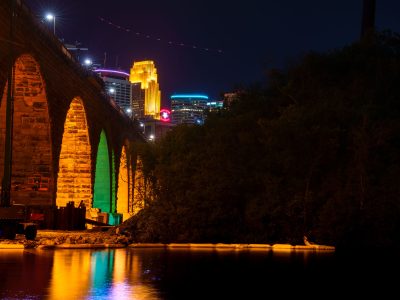 Colorful Arch Lighting During Stone Arch Bridge Construction