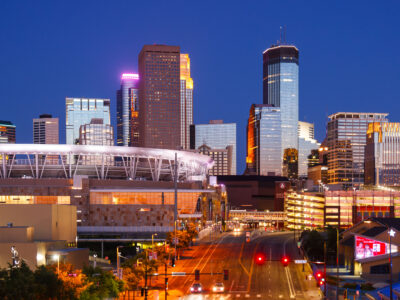 Downtown Minneapolis Skyline and Stadium at Dusk