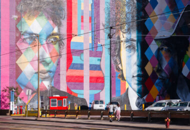 A Eduardo Kobra mural of Bob Dylan in downtown Minneapolis