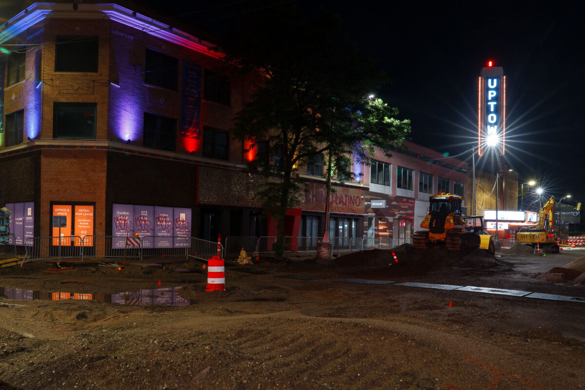Heavy road construction on Hennepin Avenue and Lake Street in Uptown Minneapolis.