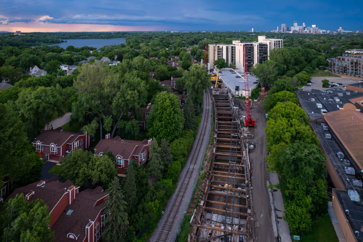 The half mile Kenilworth LRT tunnel, part of the new Green Line train extension, tonight as storms move through just north of Minneapolis. (Calhoun Isles, Minneapolis June 2024)