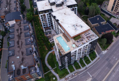 An aerial photo of the Lakehaus apartments in Minneapolis.
