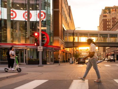 Nicollet Mall at Sunset with Pedestrians and Scooter