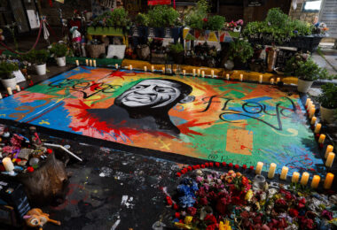 A new mural painted over the spot where George Floyd was killed by Minneapolis police in May 2020.