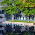 Reflections at downtown Minneapolis's Peavey Plaza.