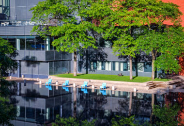 Reflections at downtown Minneapolis's Peavey Plaza.