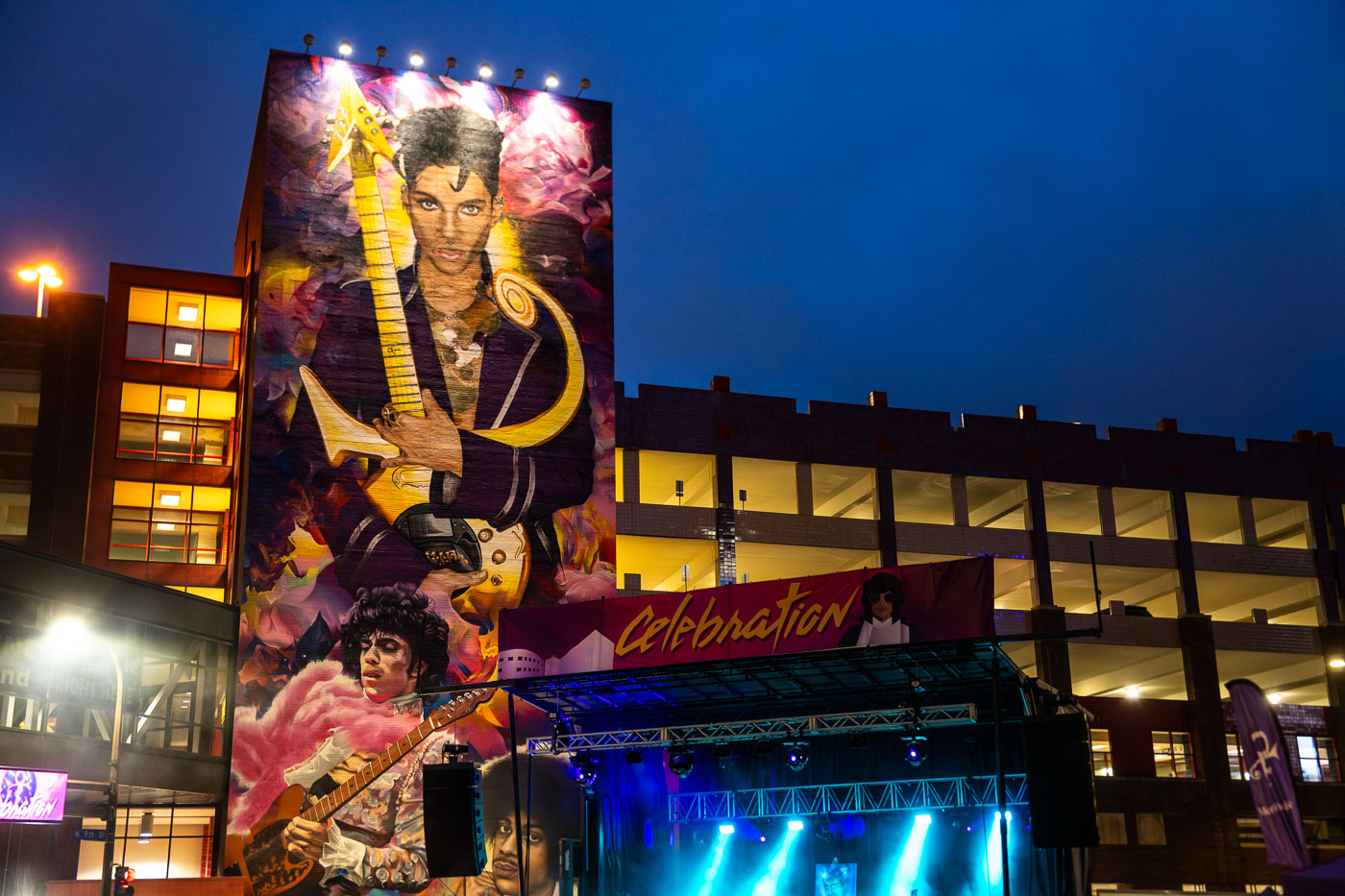 Prince mural in downtown Minneapolis during yearly celebration