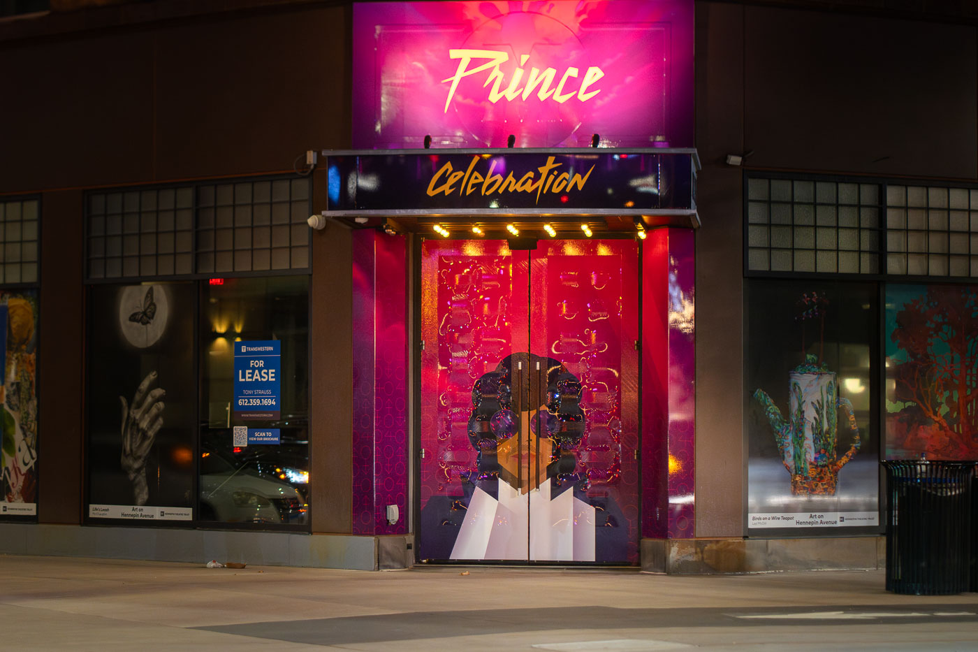 Prince mural on a door at night in Downtown Minneapolis