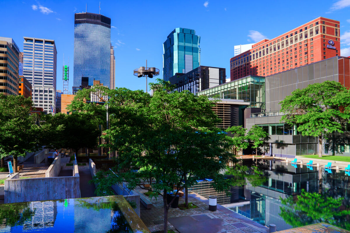 Reflections at downtown Minneapolis's Peavey Plaza.