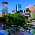 Reflections at downtown Minneapolis's Peavey Plaza.