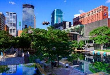 Reflections at downtown Minneapolis's Peavey Plaza.