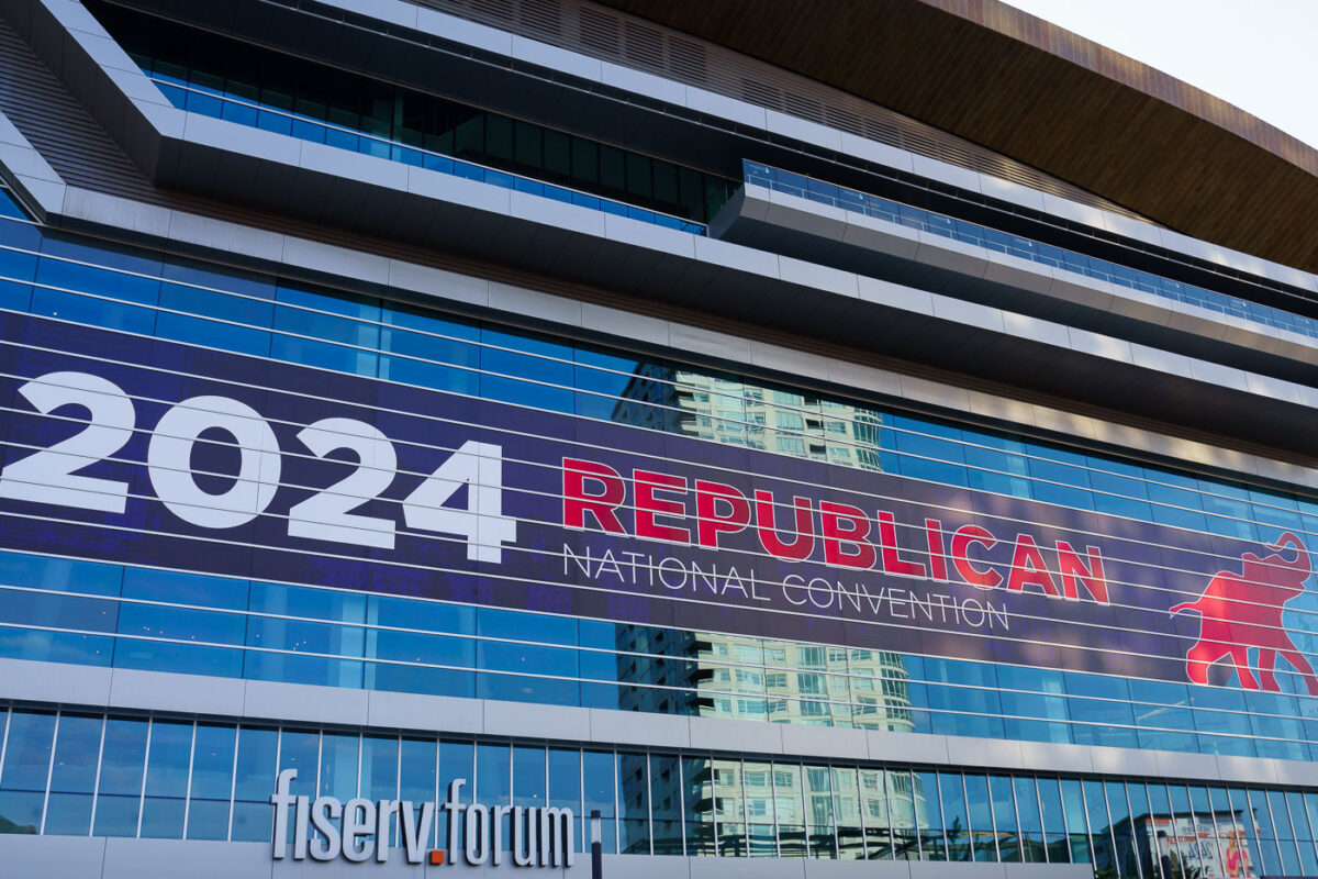 2024 Republican National Convention branding on Fiserv Forum in Milwaukee.