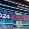 2024 Republican National Convention branding on Fiserv Forum in Milwaukee.