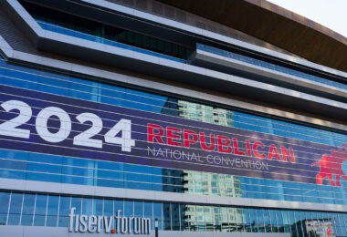 2024 Republican National Convention branding on Fiserv Forum in Milwaukee.