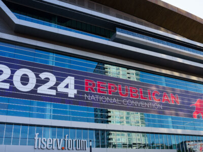 2024 Republican National Convention banner on Fiserv Forum, Milwaukee