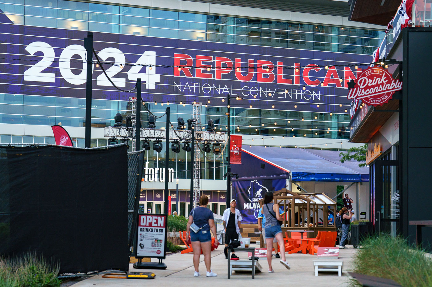 People play bags at Drink Wisconsinbly Pub. It's directly across from Fiserv Forum where the 2024 Republican National Convention is being held.