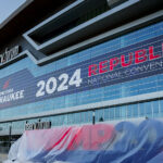 Republican National Convention and Trump branding on the Fiserv Forum in Milwaukee during the RNC.