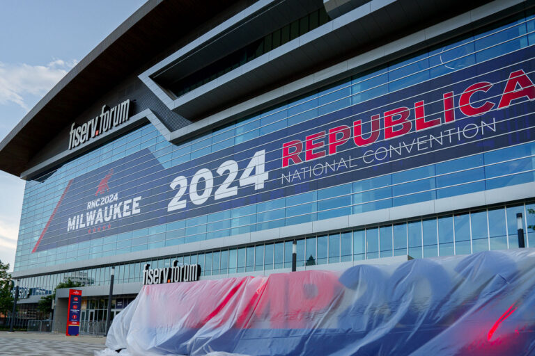 Outside the 2024 Republican National Convention 2 Republican National Convention and Trump branding on the Fiserv Forum in Milwaukee during the RNC.