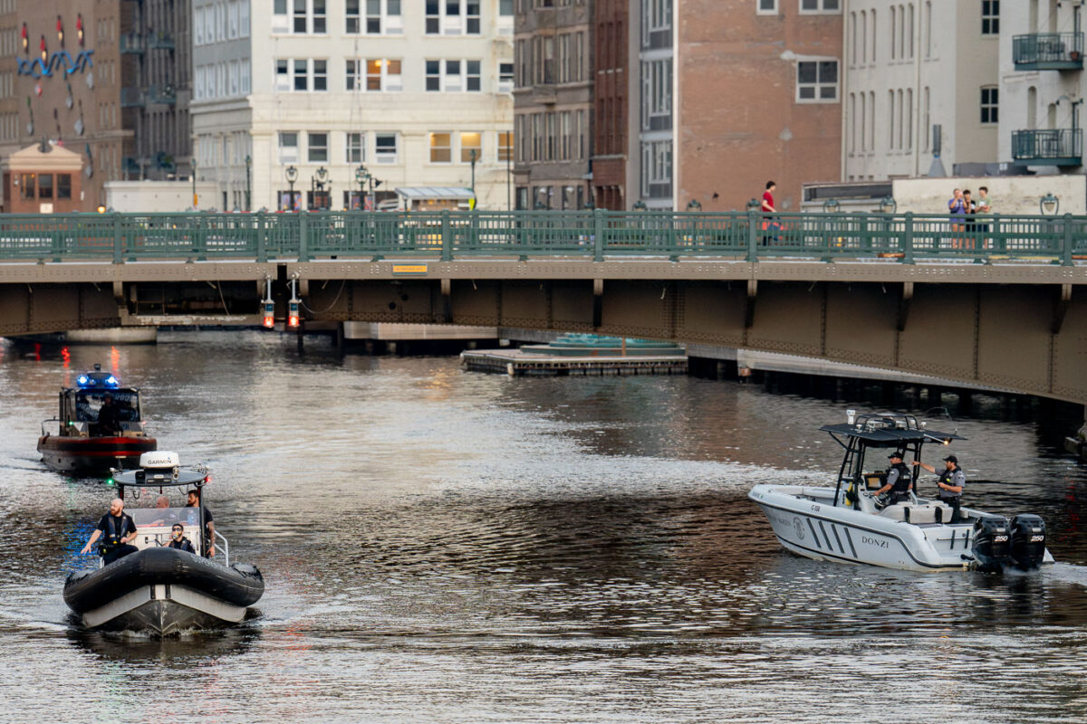Law enforcement boats in the Wisconsin River during the 2024 Republican National Convention.