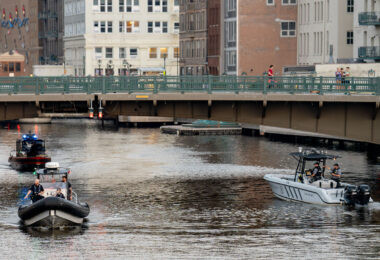 Law enforcement boats in the Wisconsin River during the 2024 Republican National Convention.