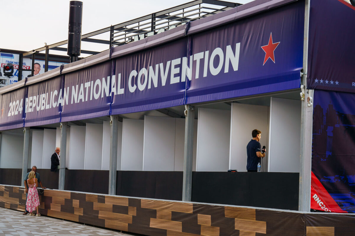 Media boxes outside the Fiserv Forum at the 2024 Republican National Convention.