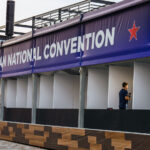 Media boxes outside the Fiserv Forum at the 2024 Republican National Convention.