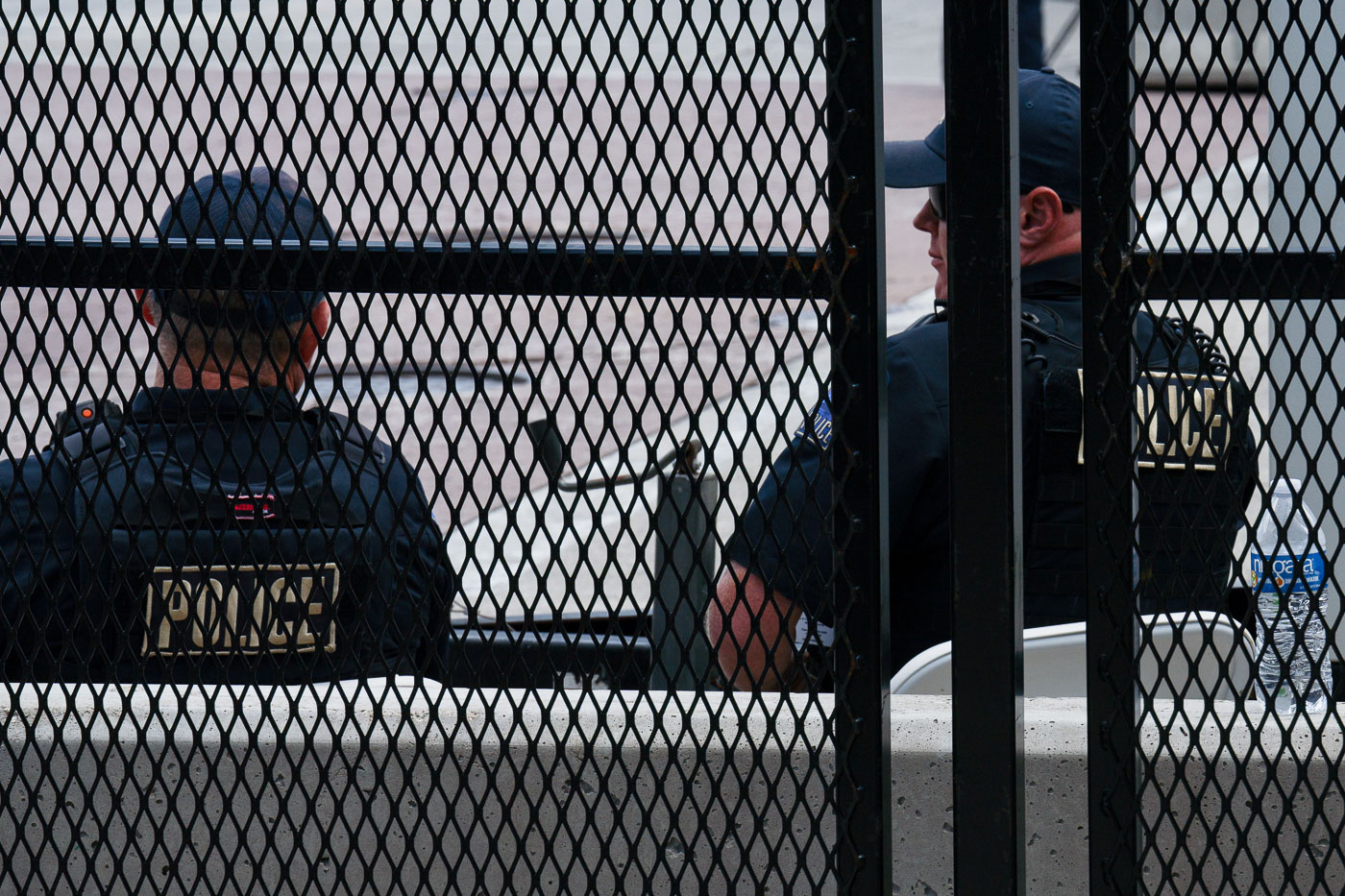 Police officers behind the secure perimeter at the 2024 Republican National Convention in Milwaukee.