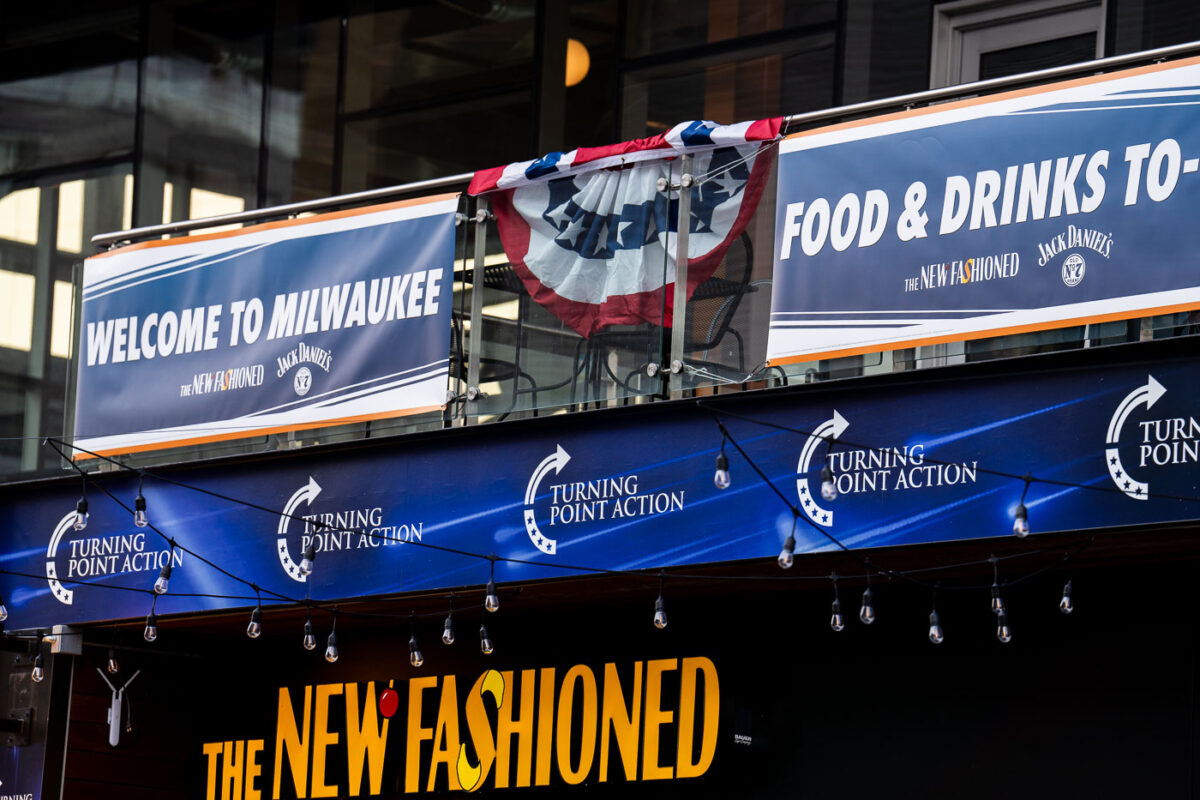 Turning Point Action branding atThe New Fashioned bar across from the Fiserv Forum where the 2024 Republican National Convention is being held.