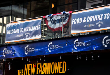 Turning Point Action branding atThe New Fashioned bar across from the Fiserv Forum where the 2024 Republican National Convention is being held.